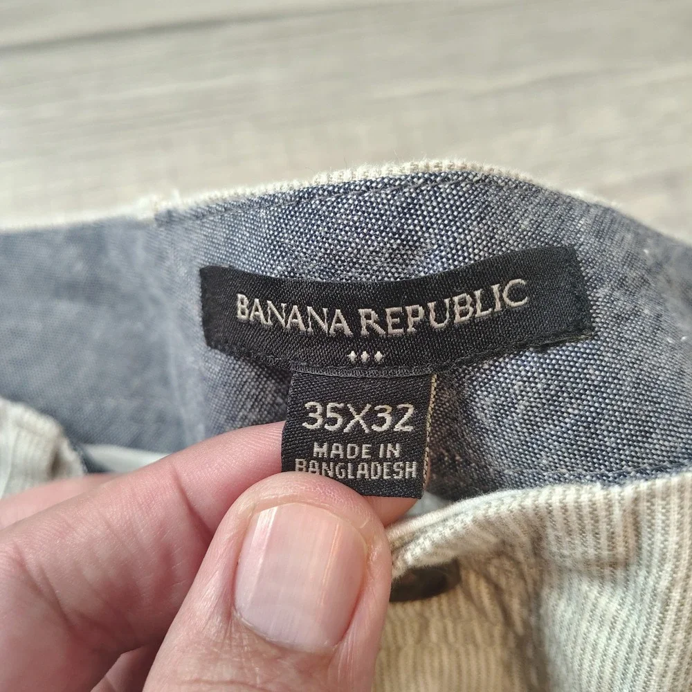 Banana Republic Mens 35x32 Linen Blend Neutral Stripe Straight Leg Pants Cream